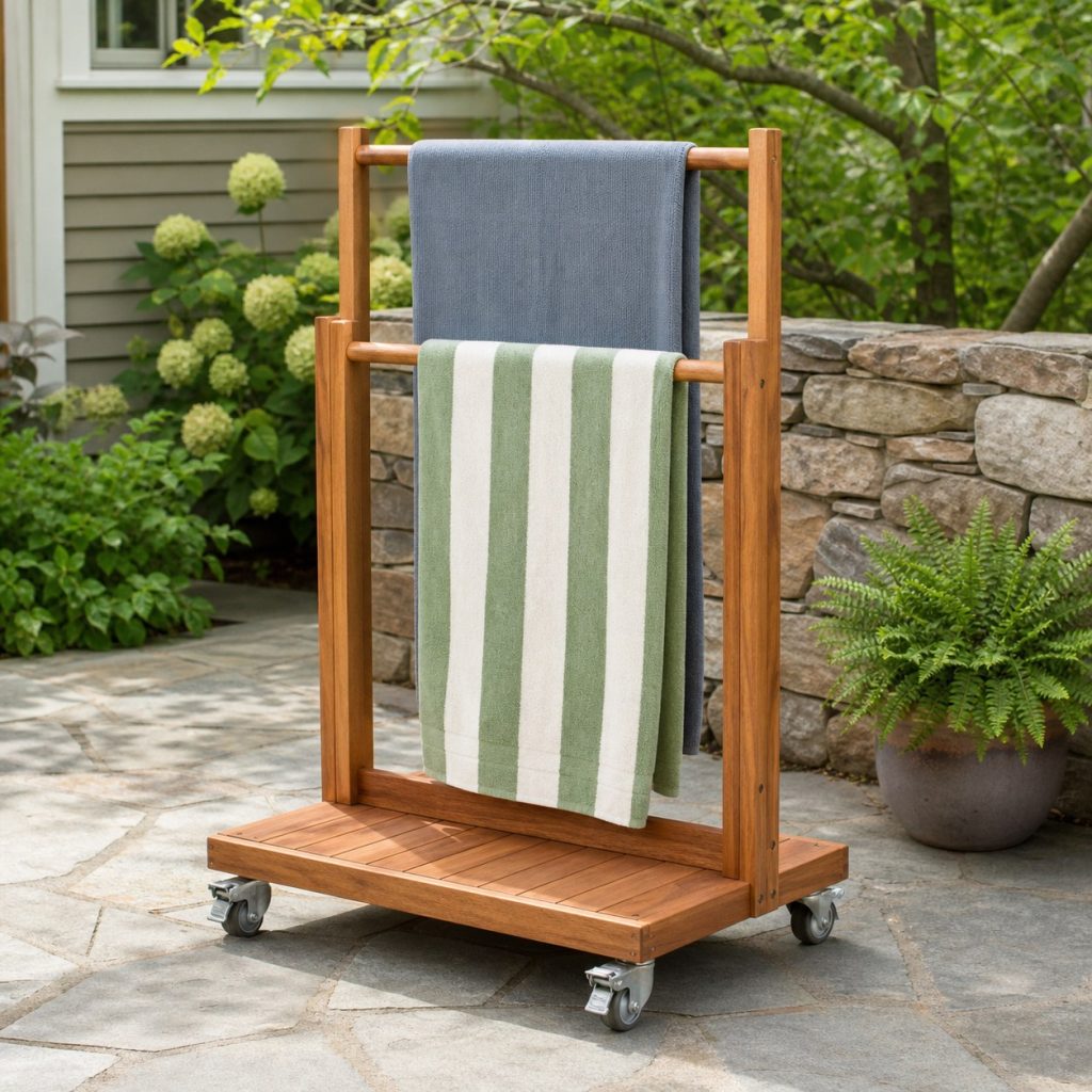 Outdoor towel rack on four locking casters with broad stable base