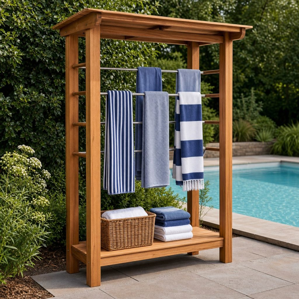 Pool towel rack with covered upper shelf and open drying bars