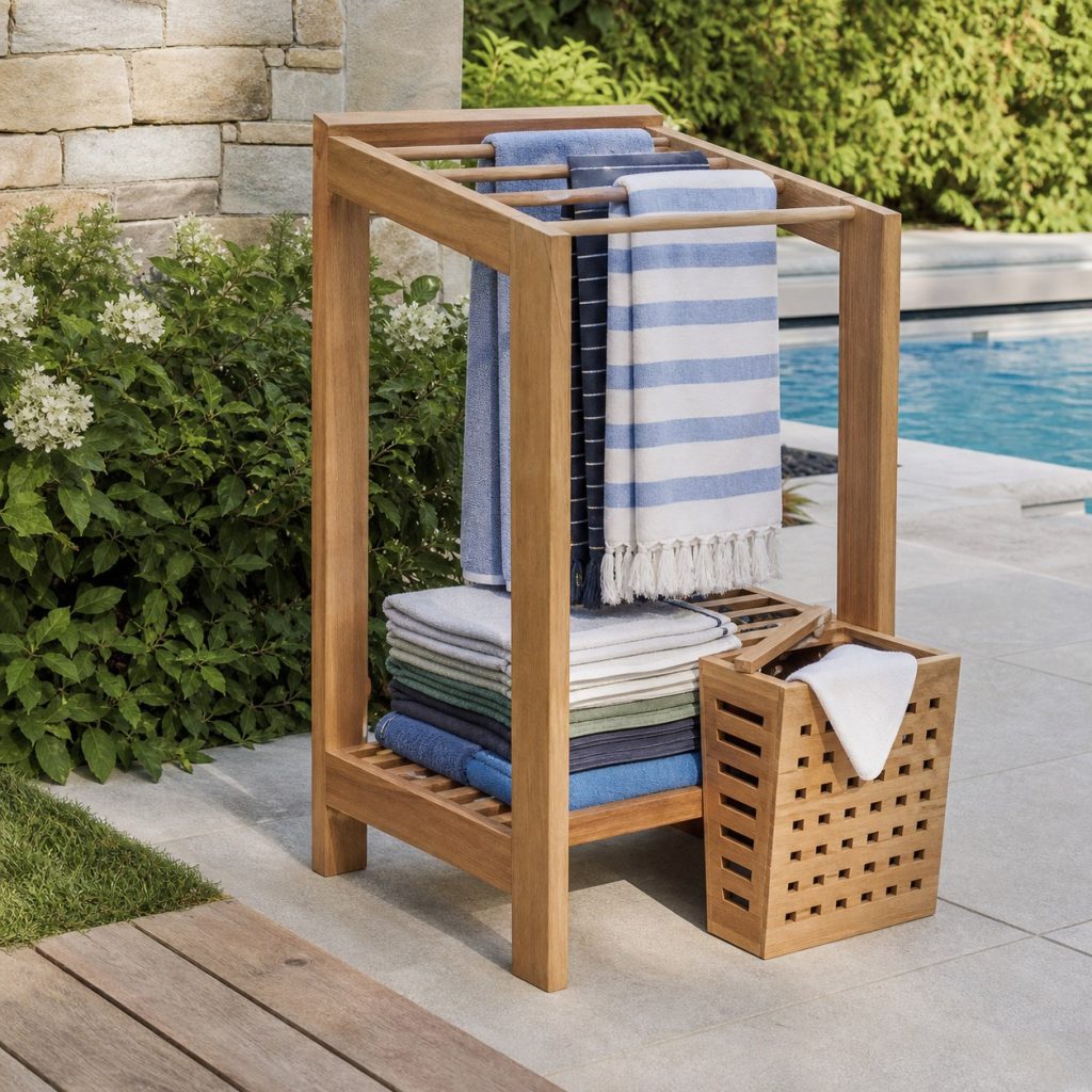 Pool towel station with open drying bars and removable ventilated hamper