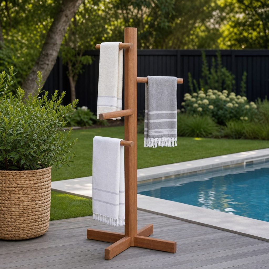 Stable vertical pool towel tree with staggered smooth wooden arms