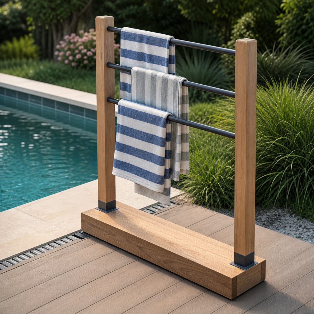 Pool towel rack on a clear dry deck route with locked base and drainage