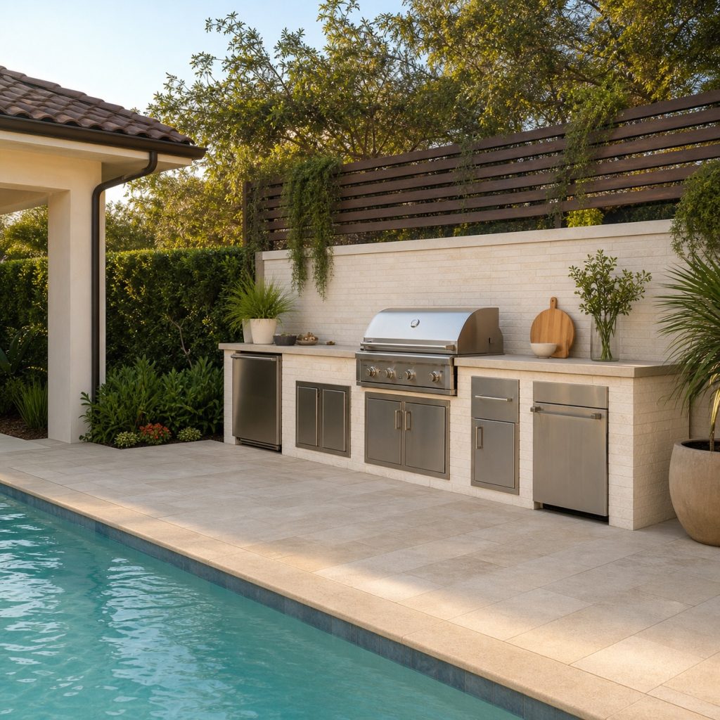 Compact light-colored outdoor grill wall beside a swimming pool