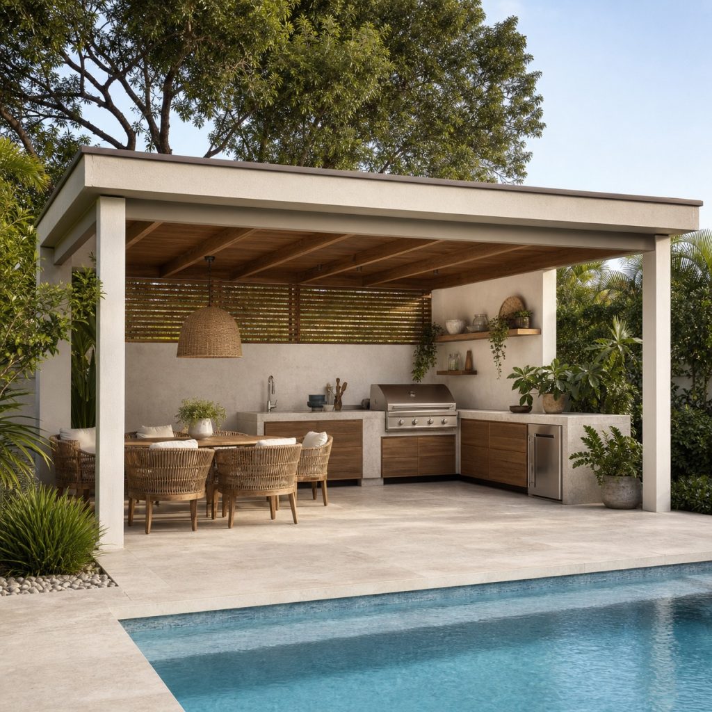 Shaded outdoor kitchen pavilion set beside a blue swimming pool