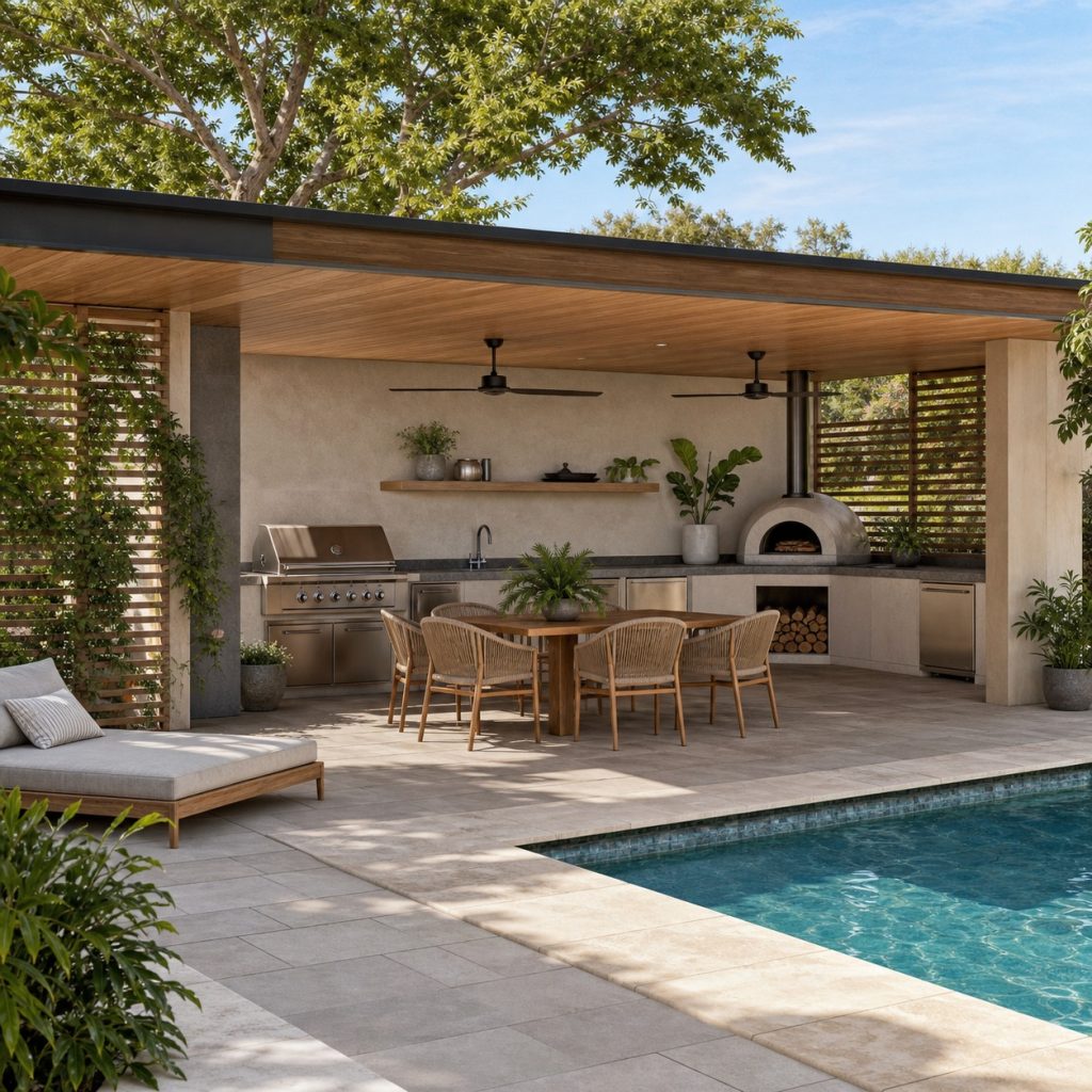 L-shaped poolside outdoor kitchen with serving counter facing away from the water