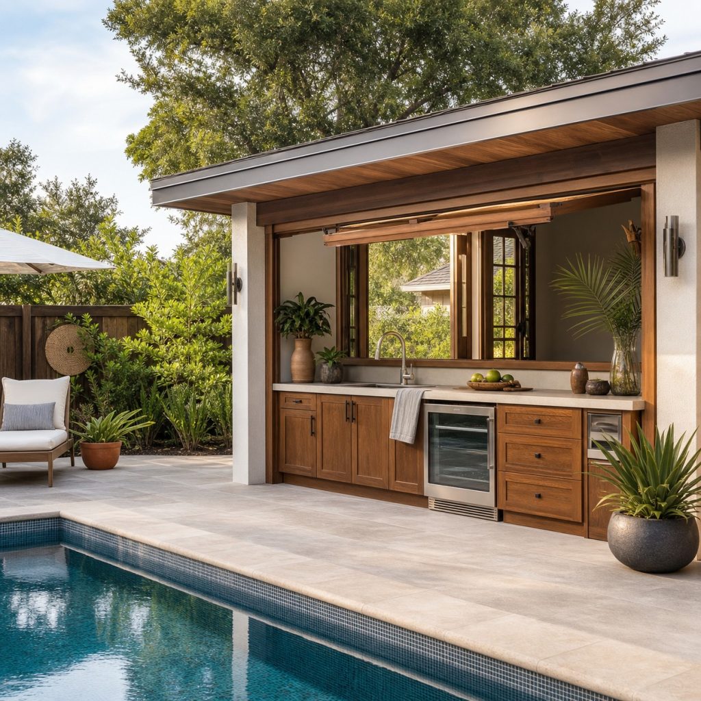 Small pool-house kitchenette with sink, refrigerator, and covered counter