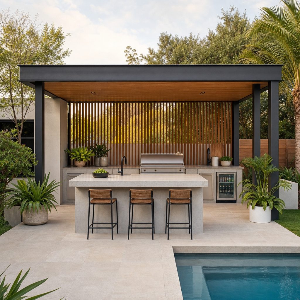 Modern pool cabana kitchen with bar counter and shaded work area