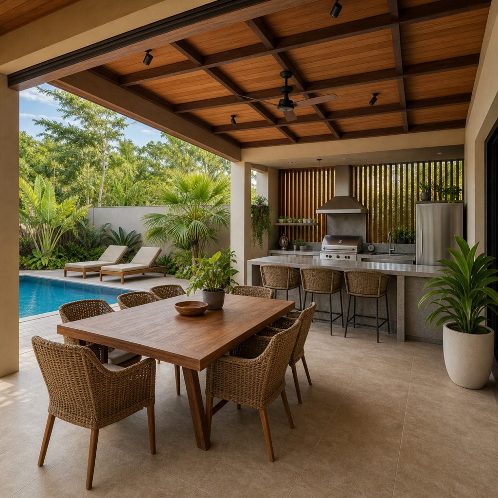 Family poolside outdoor kitchen with shaded dining table and clear deck circulation