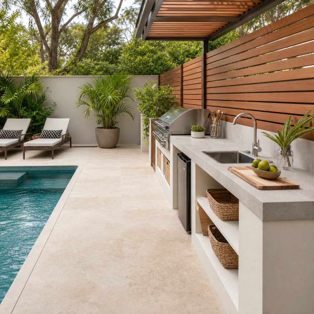 Narrow linear serving kitchen along a pool deck with sink and storage