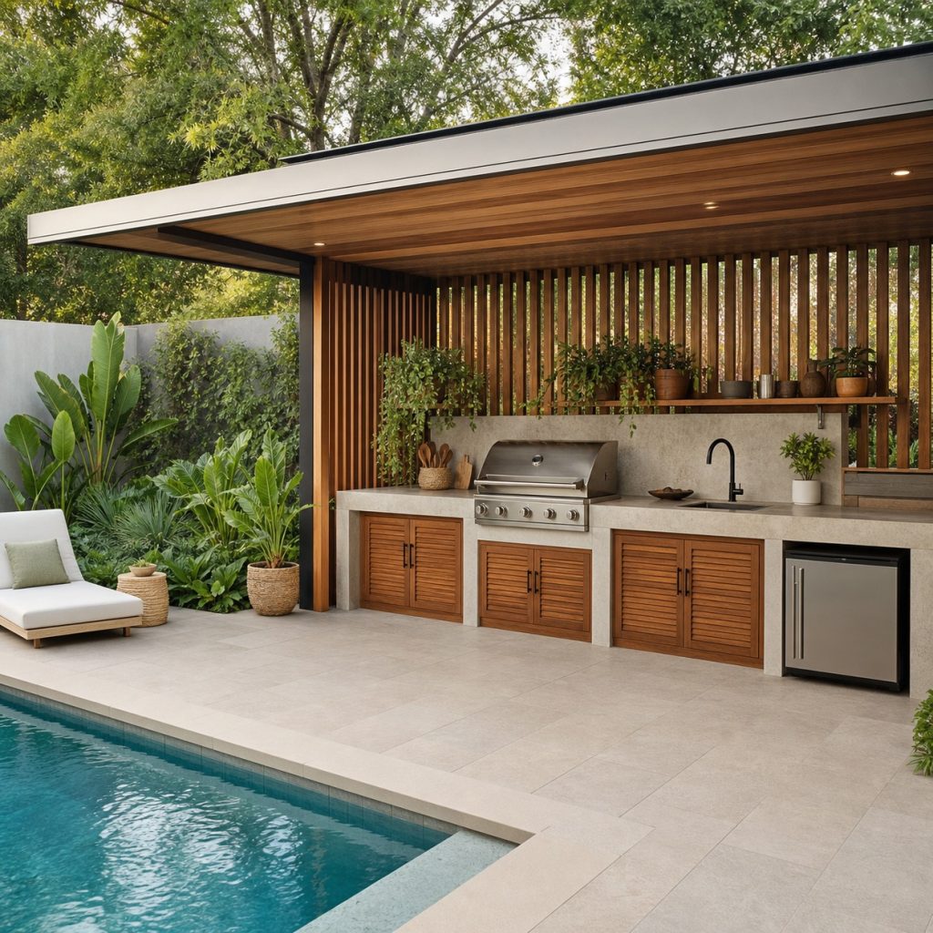 Poolside garden kitchen with timber privacy screen and covered counter