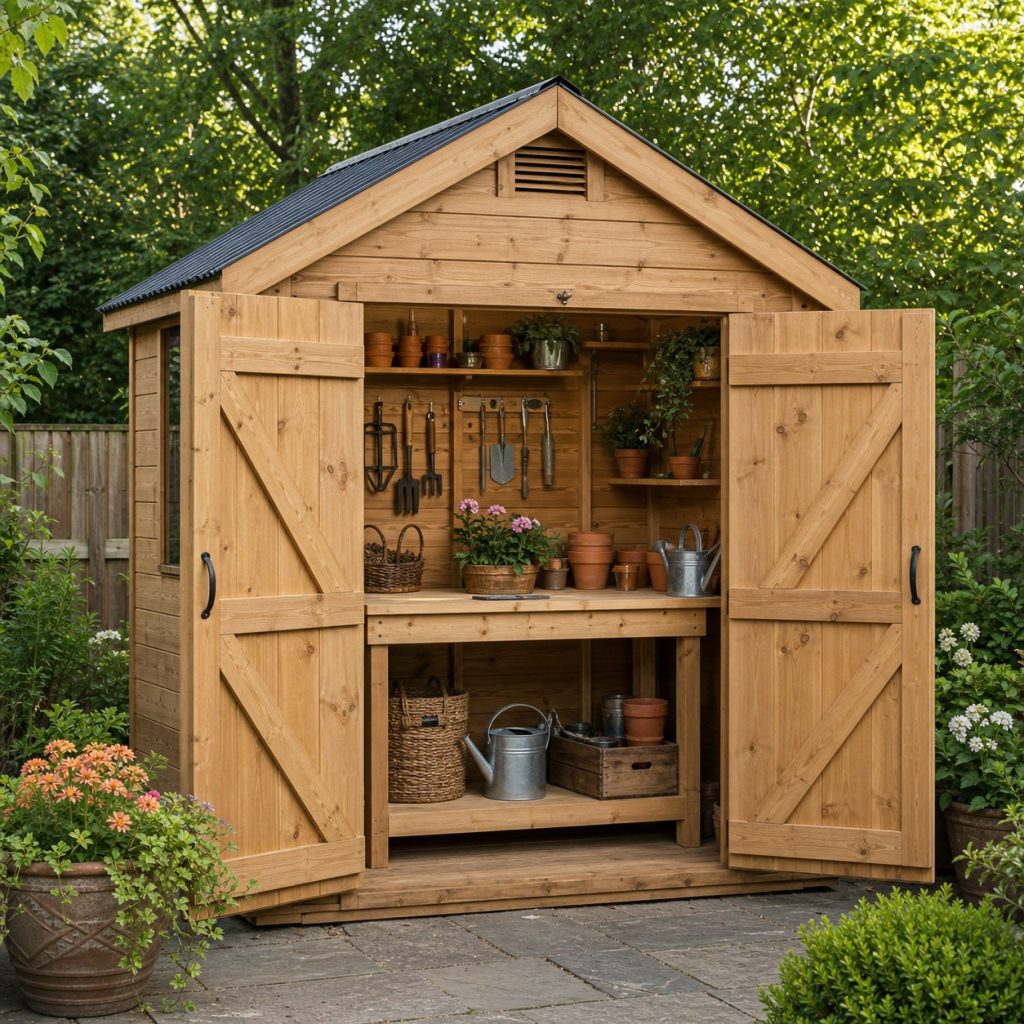 Freestanding gable-roof potting shed with central workbench