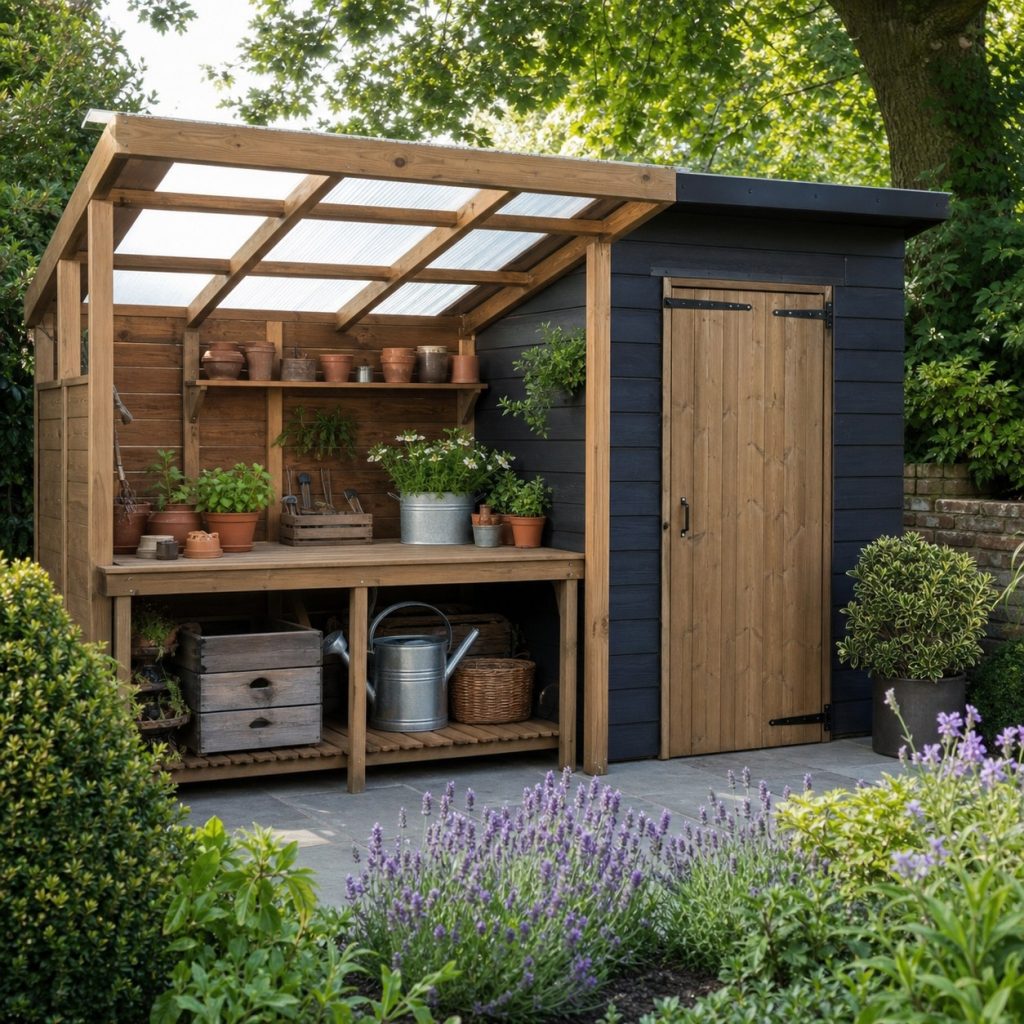 Potting shed with translucent roof bay and shaded storage wall