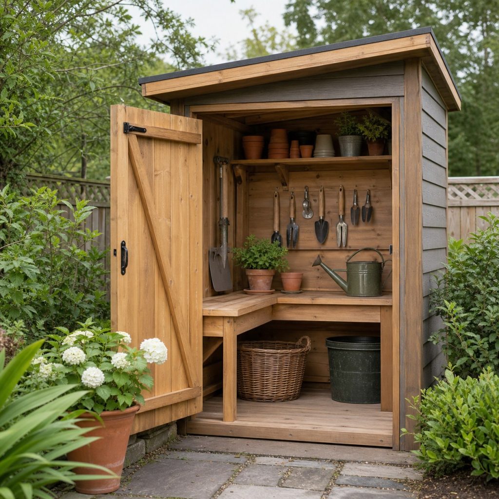 Small corner potting shed with L-shaped bench and tool wall