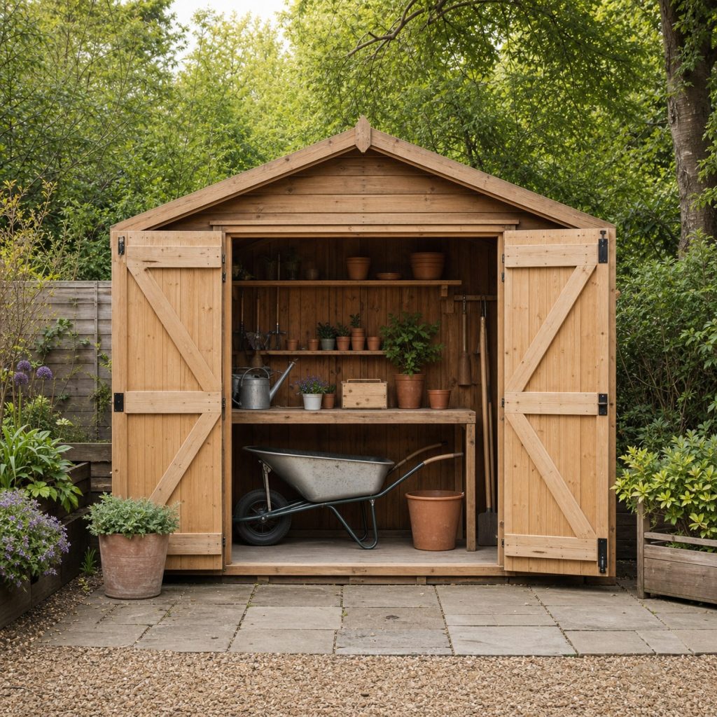 Potting shed with open double doors and wheelbarrow-height bench