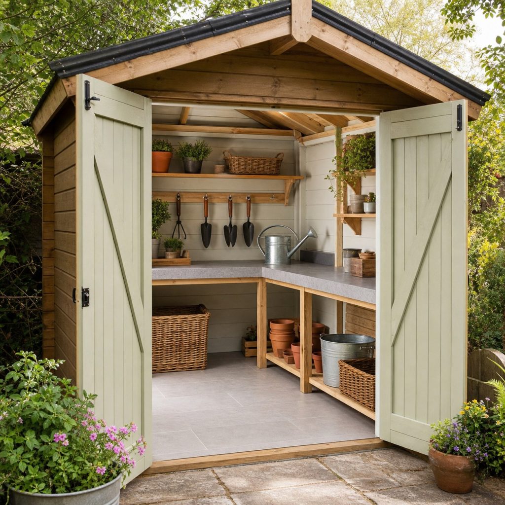 Potting shed interior with durable worktop and easy-clean floor
