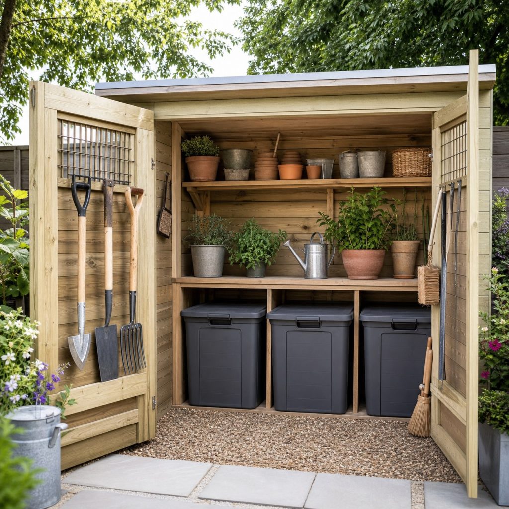Organized potting shed with lidded soil bins and ventilated tool racks
