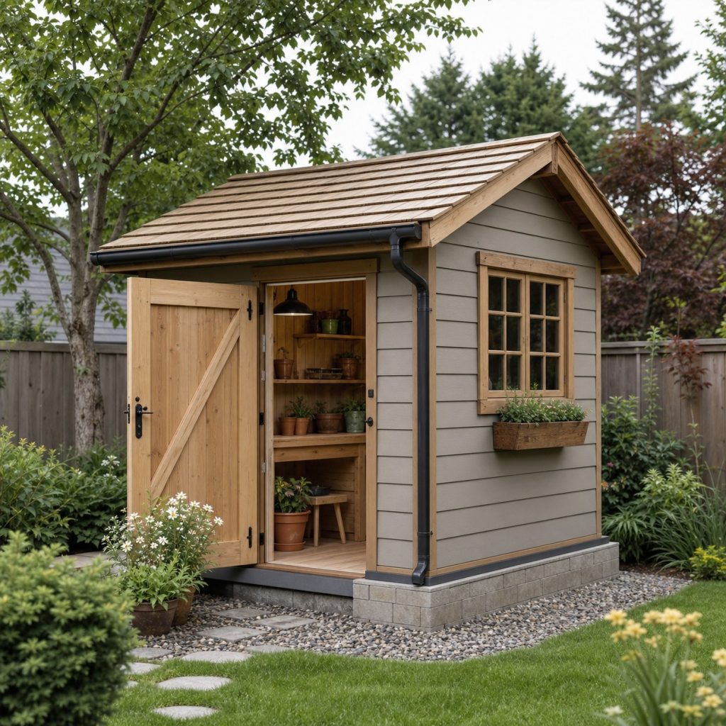 Potting shed on a raised level base with gutters and gravel drainage