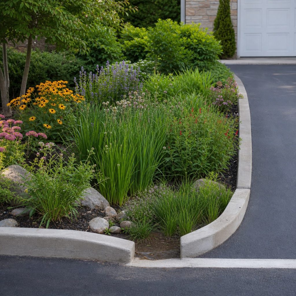Curb-cut rain garden beside a residential driveway with dense native plants