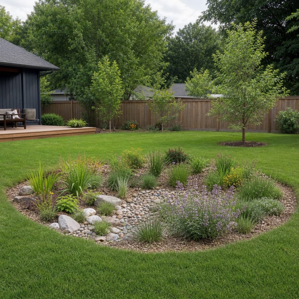 Broad shallow rain garden basin blended into a backyard lawn
