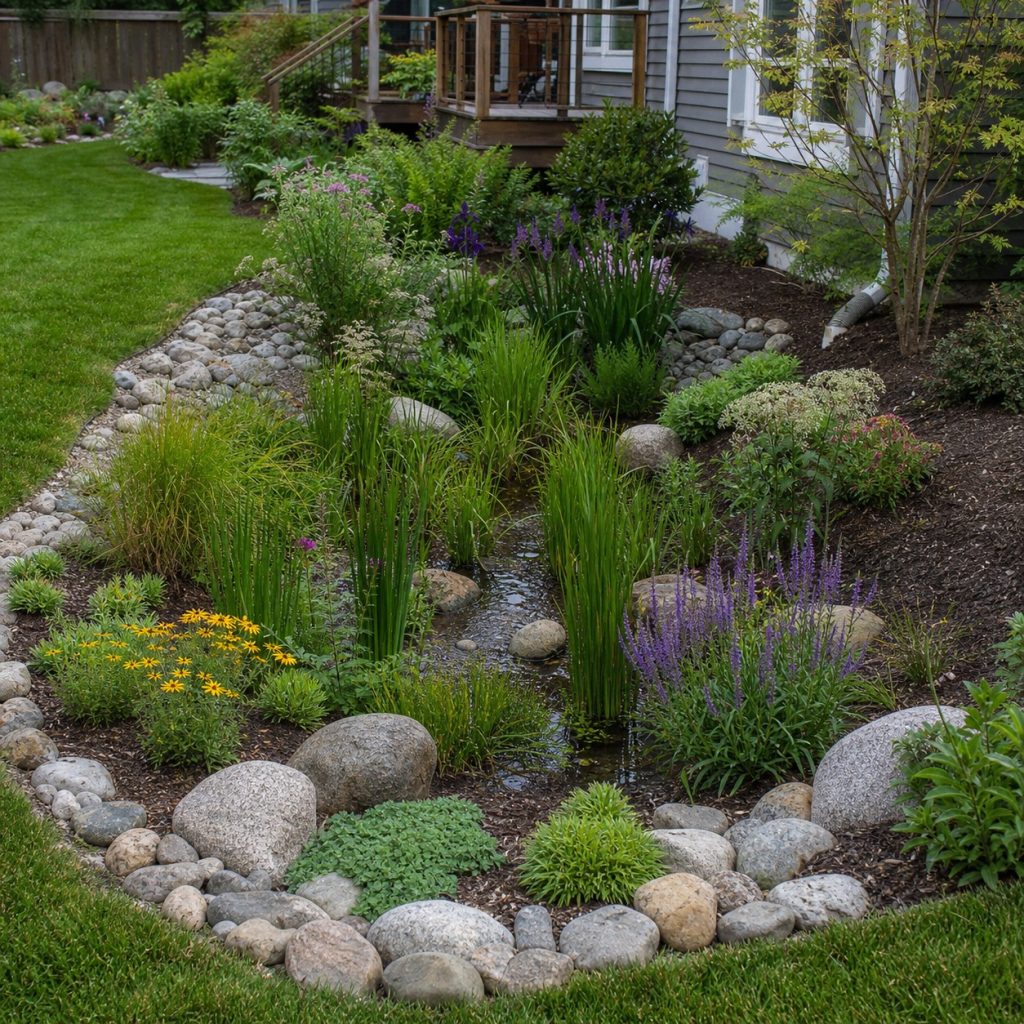 Rain garden planted in wet center, moist slope, and dry rim zones
