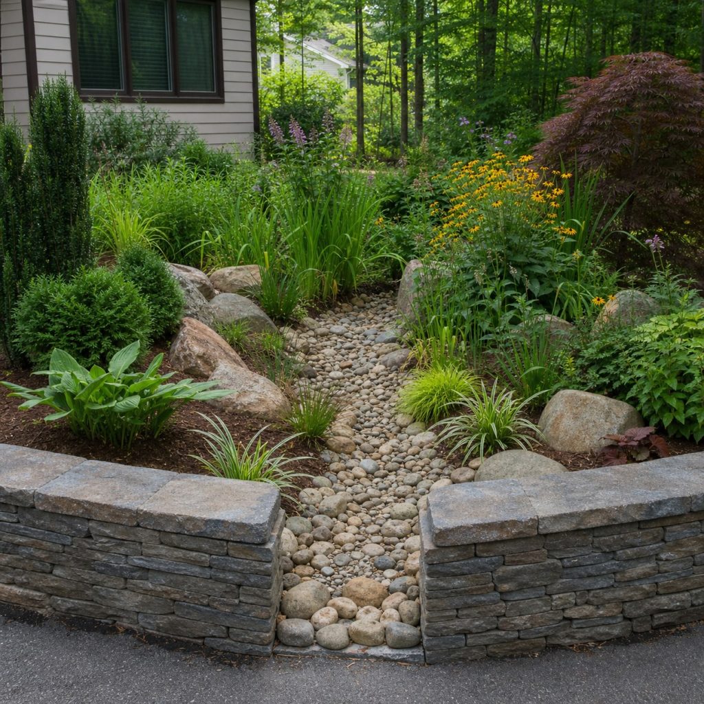 Stone dry creek inlet leading into a planted rain garden with overflow notch