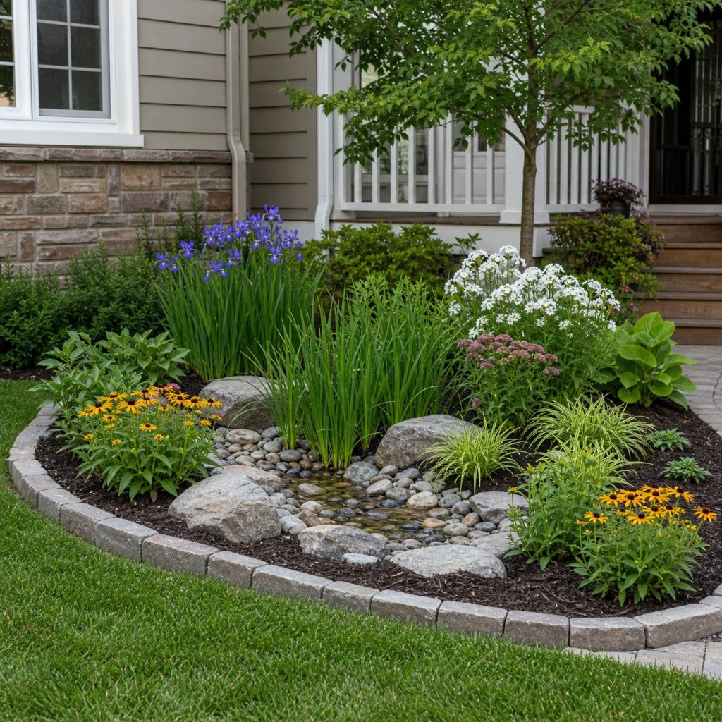 Small formal rain garden with tidy edging in a residential front yard