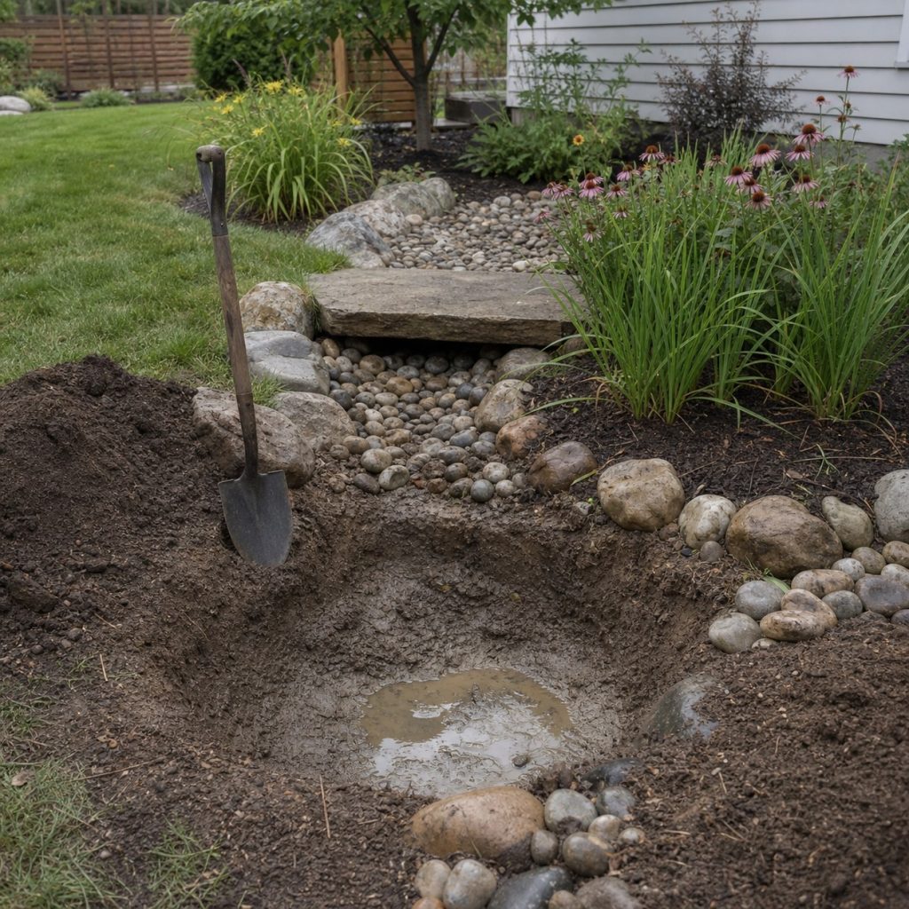Rain garden test hole and level overflow spillway shown in a backyard