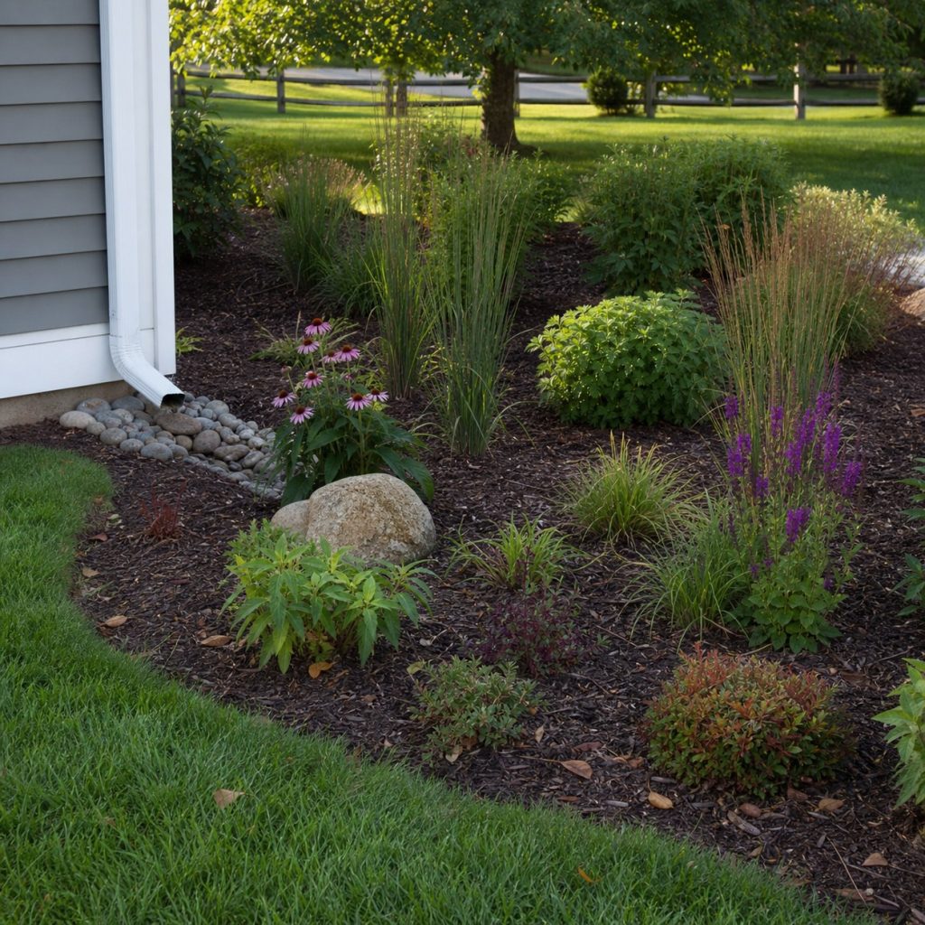 Maintained rain garden with clear inlet, mulch, and healthy established plants