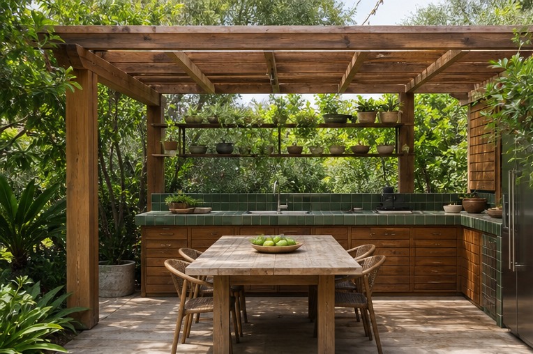 Rustic outdoor kitchen with timber frame green tile and wood table