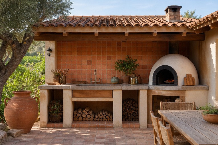 Rustic outdoor kitchen with terracotta backsplash and masonry oven