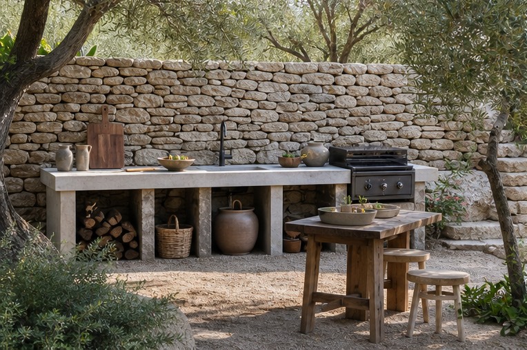 Rustic stone-wall outdoor kitchen with concrete counter and wood dining table