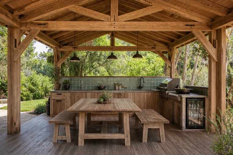 Open rustic timber outdoor kitchen with translucent roof and dining table