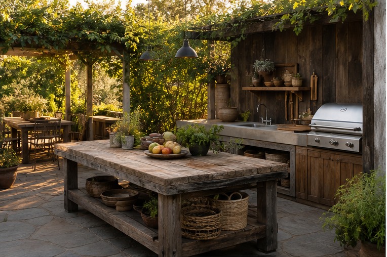 Rustic outdoor kitchen with weathered wood worktable and open shelves