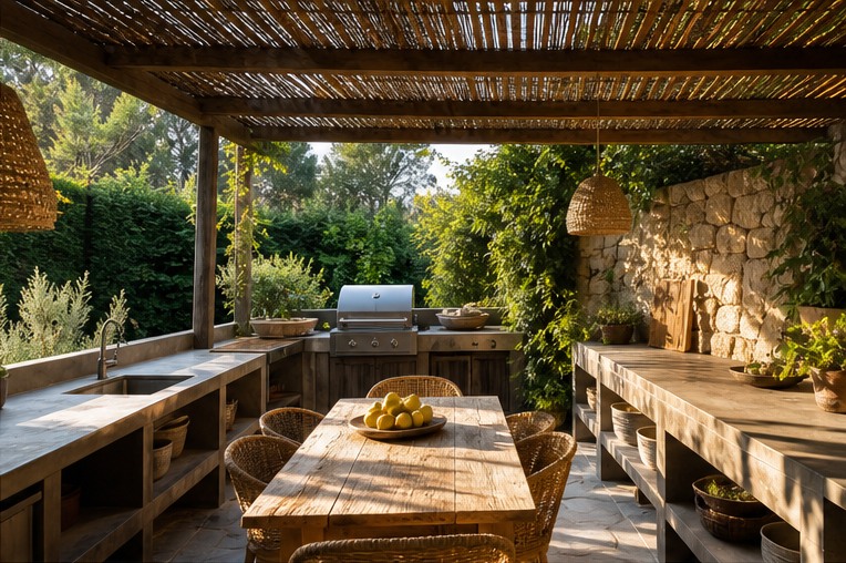 Rustic outdoor kitchen with timber slatted shade roof and tiled counter