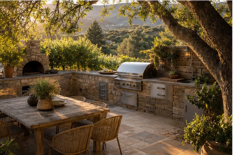 Rustic stone outdoor kitchen and dining table at golden hour