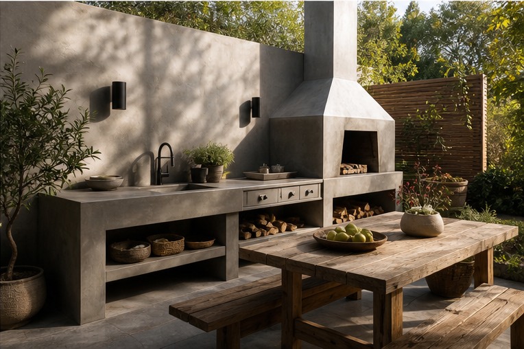 Rustic outdoor kitchen with concrete counters corrugated roof and wood table