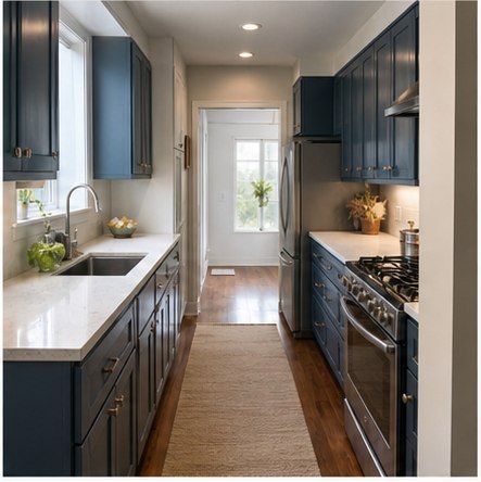 Narrow blue galley kitchen with daylight and clear center aisle