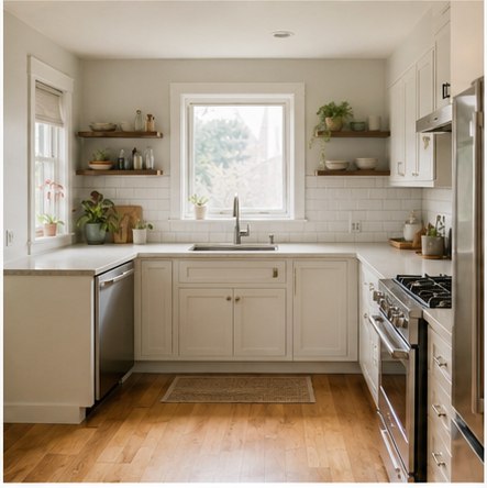 Small L-shaped white kitchen arranged around a central window