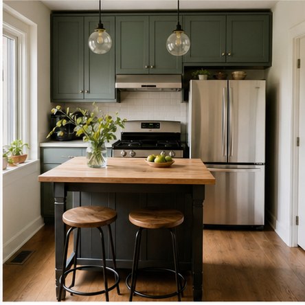 Compact kitchen with dark green cabinets and a small wood-topped island
