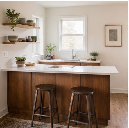 Small white kitchen with wood peninsula and two counter stools