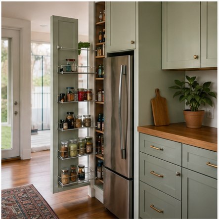 Compact kitchen with tall sage pantry storage beside a refrigerator