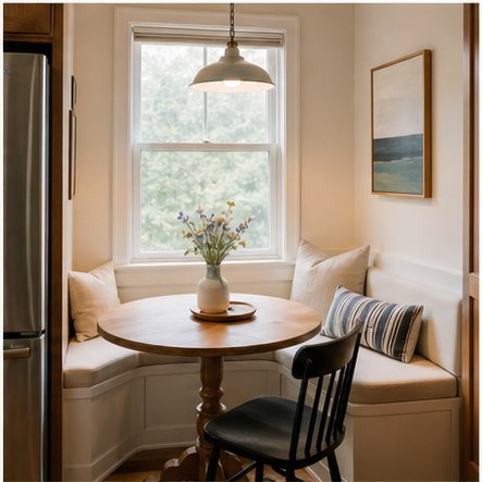 Tiny kitchen breakfast nook with built-in bench below a window