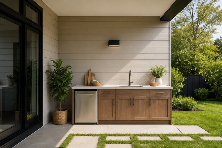 Small one-wall outdoor kitchen under a corrugated roof