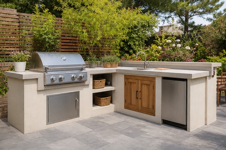 Small L-shaped outdoor kitchen with green wall and timber cabinets