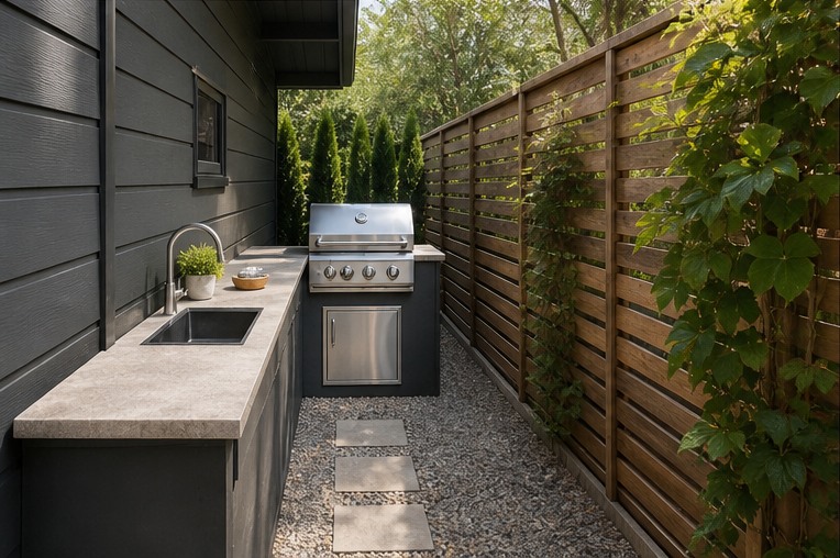 Narrow side-yard outdoor kitchen with sink counter and stepping path