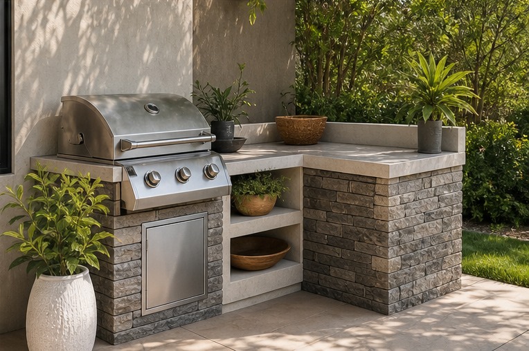 Compact corner outdoor grill station with tiled counter and wood doors