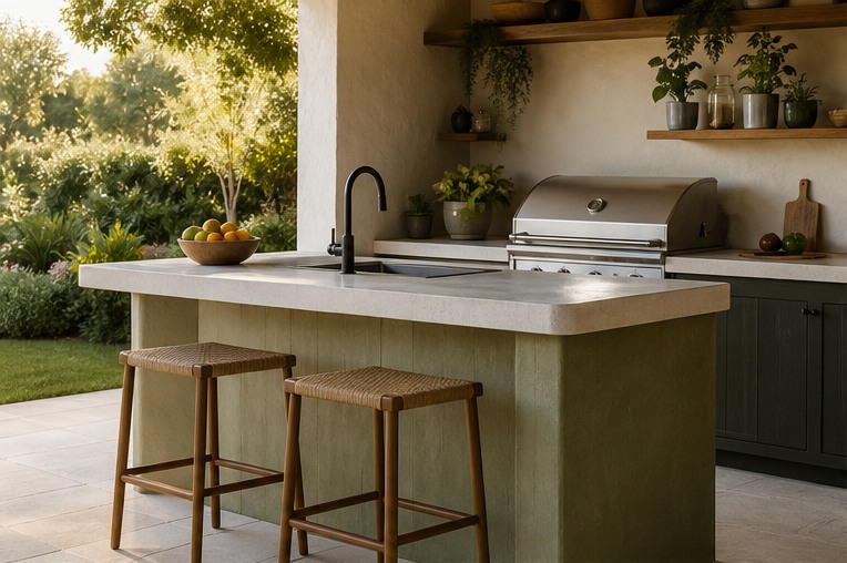 Small outdoor kitchen peninsula with two wood stools