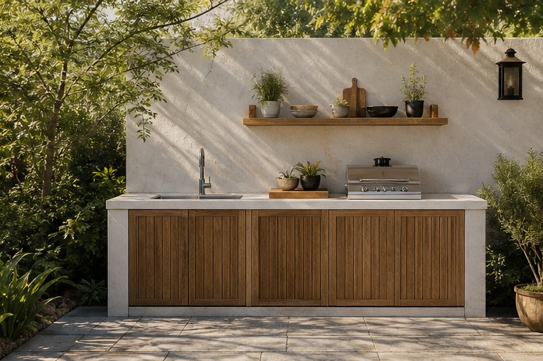Small linear outdoor kitchen beside a garden path