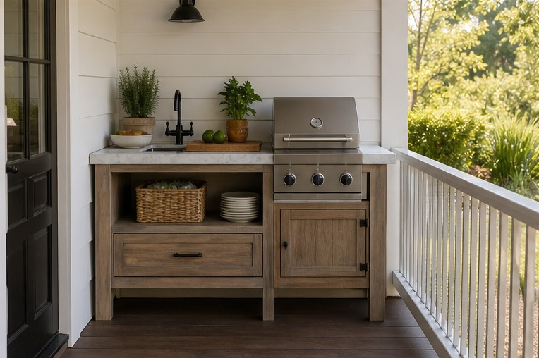 Compact outdoor kitchen at the end of a wood porch