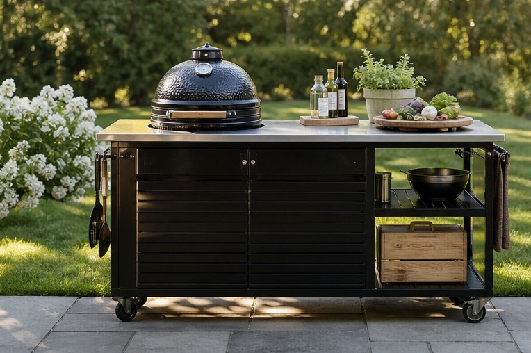 Movable outdoor kitchen cart with grill sink and open shelves