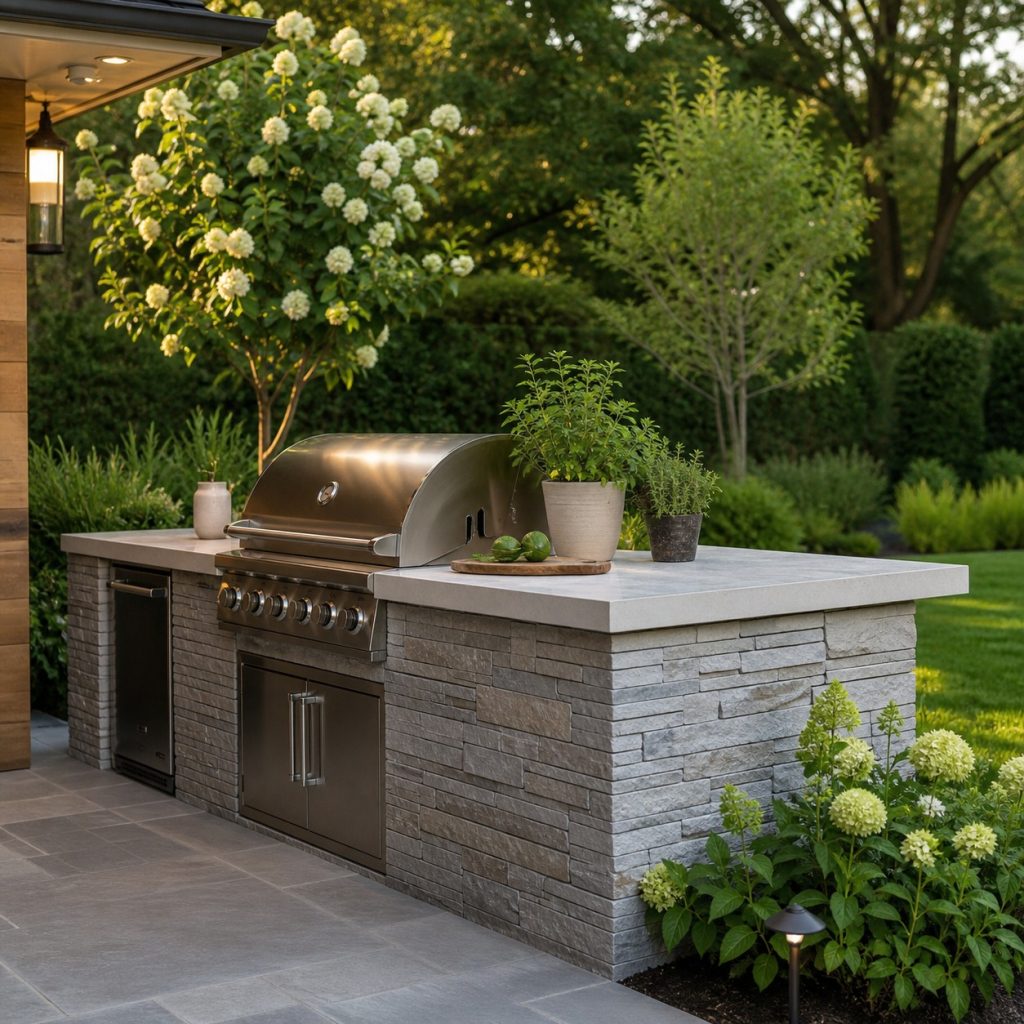 Outdoor kitchen island clad in warm gray ledgestone with pale counter
